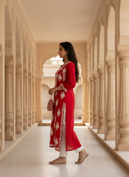 Lucknowi Chikankari Kurti for Women | Red Cotton Hand-Embroidered Floral Long Kurti (Copy) (Copy)