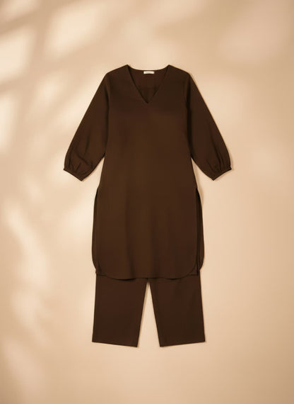 Mocha Brown Linen Co-ord Set for Women | V-Neck Kurta & Straight Pants