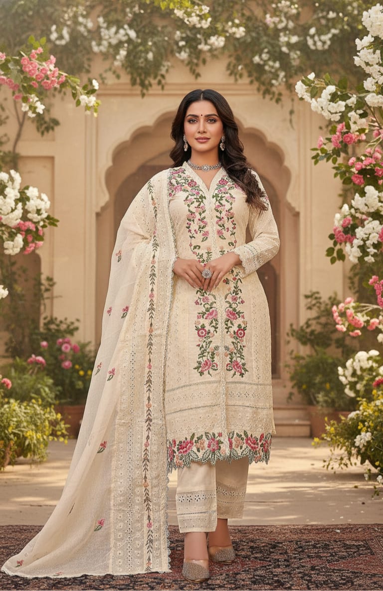 Elegant Off-White Floral Embroidered Pakistani Salwar Suit Set