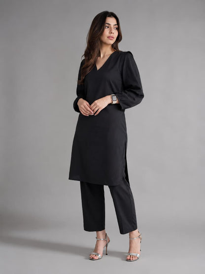Midnight Black Linen Co-ord Set for Women | V-Neck Kurta & Straight Pants