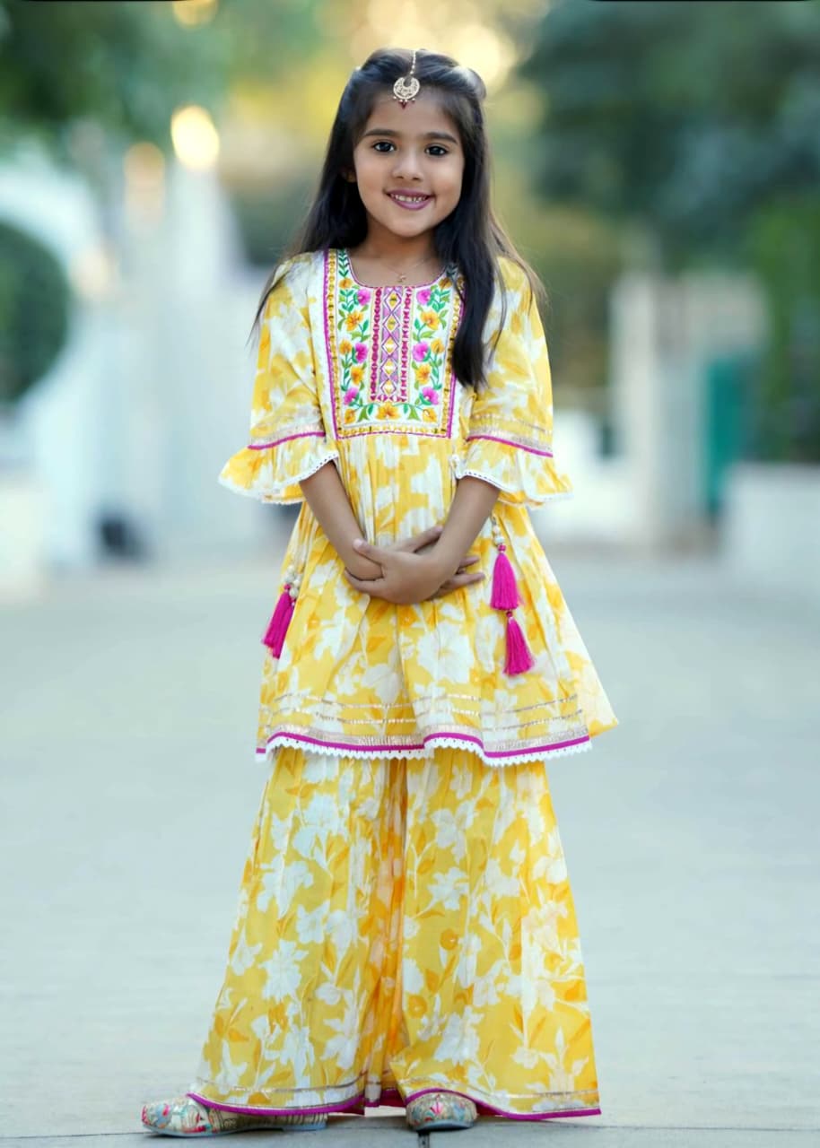 Girls Yellow Floral Kurta Sharara Set | Festive Ethnic Wear