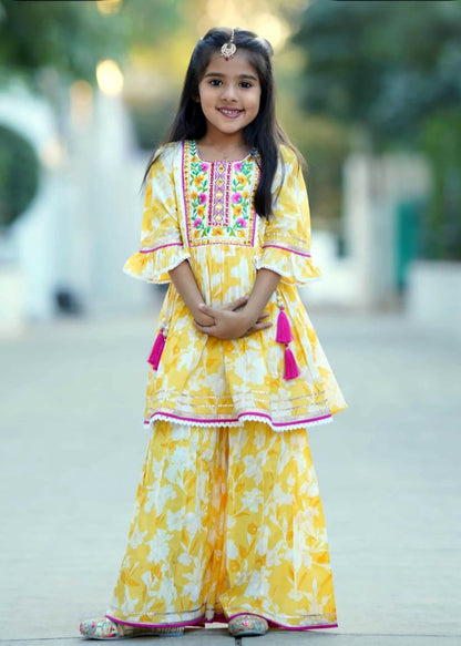 Girls Yellow Floral Kurta Sharara Set | Festive Ethnic Wear