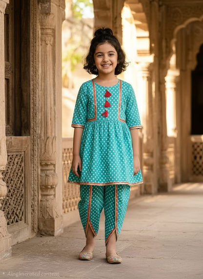 Premium Cotton Kurta & Dhoti Pant Set for Girls – Turquoise Ethnic Wear