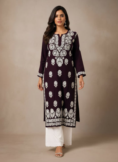 Lucknowi Chikankari Kurti for Women | Brown Cotton Hand-Embroidered Floral Long Kurti