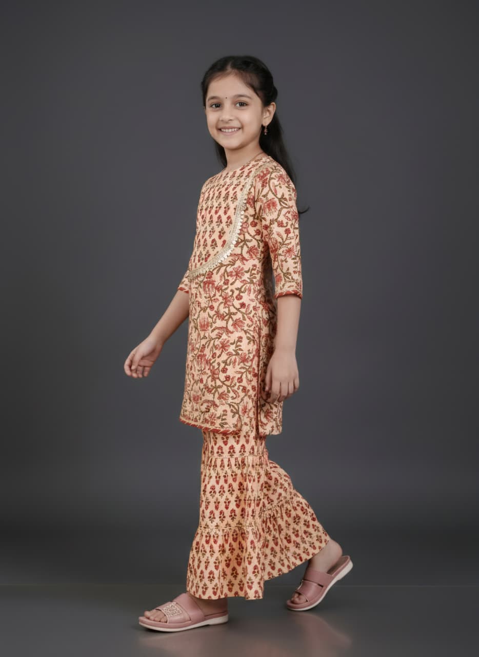 Girls Floral Printed Kurta with Sharara Set | Premium Cotton Ethnic Wear | Beige & Rust