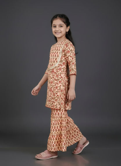 Girls Floral Printed Kurta with Sharara Set | Premium Cotton Ethnic Wear | Beige & Rust