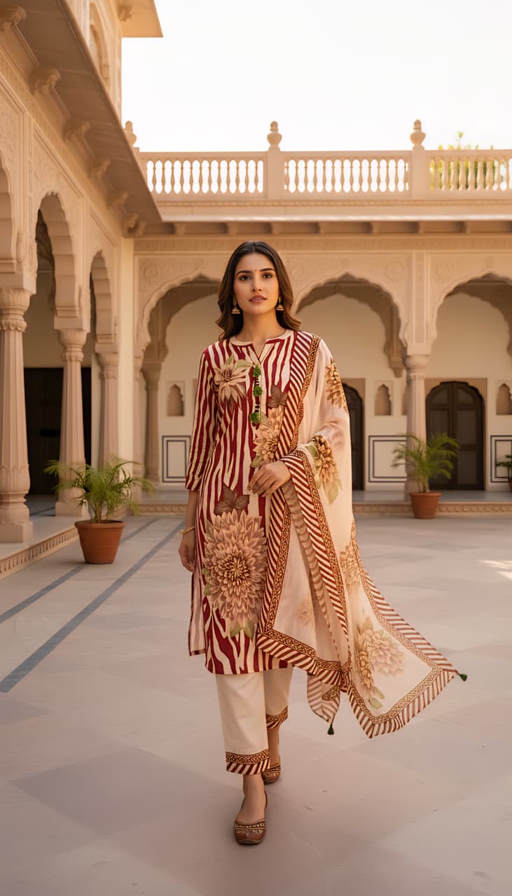 Maroon and Cream Zebra Print Kurta Set with Floral Motifs