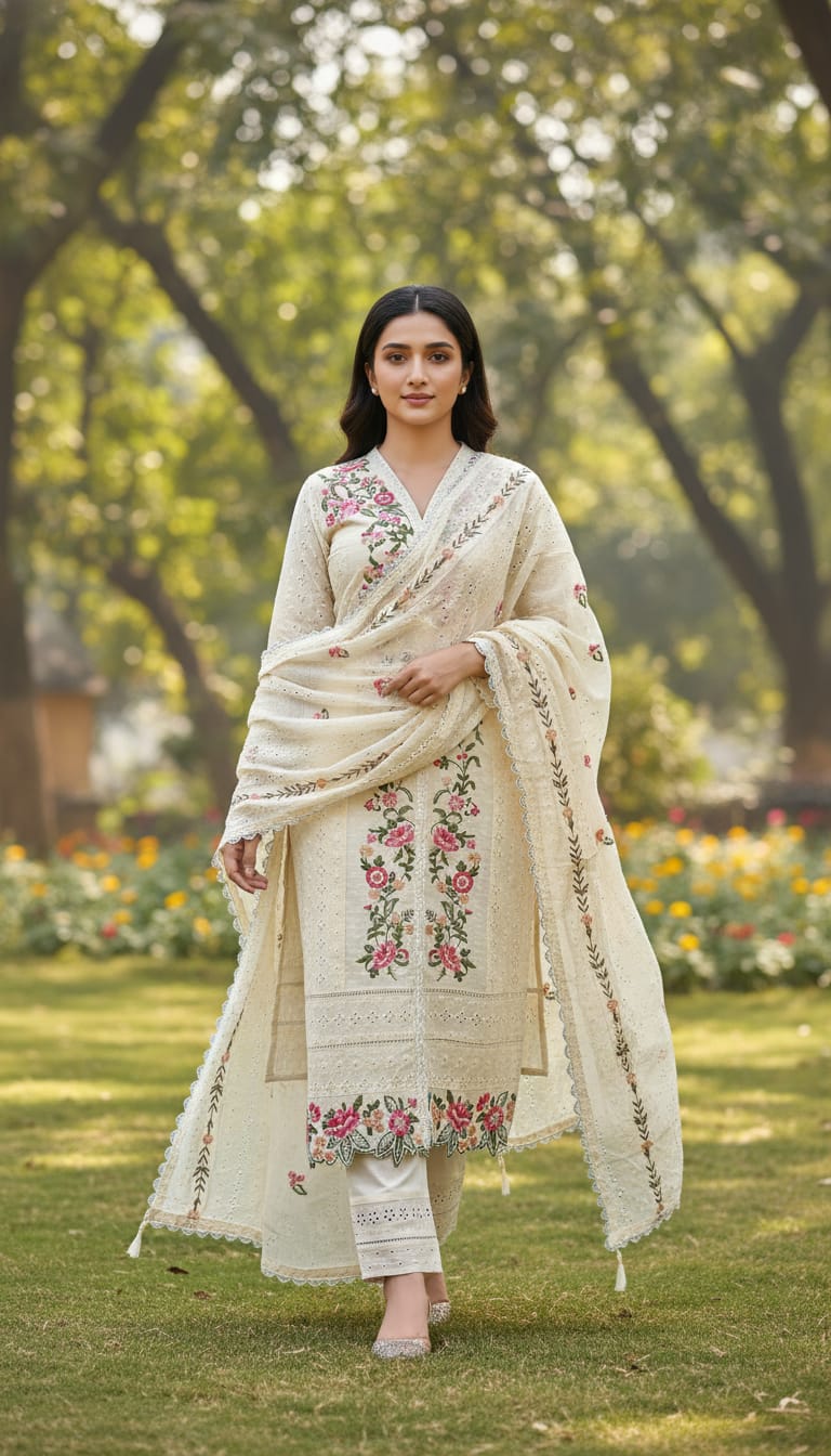 Elegant Off-White Floral Embroidered Pakistani Salwar Suit Set