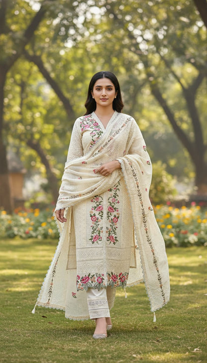 Elegant Off-White Floral Embroidered Pakistani Salwar Suit Set