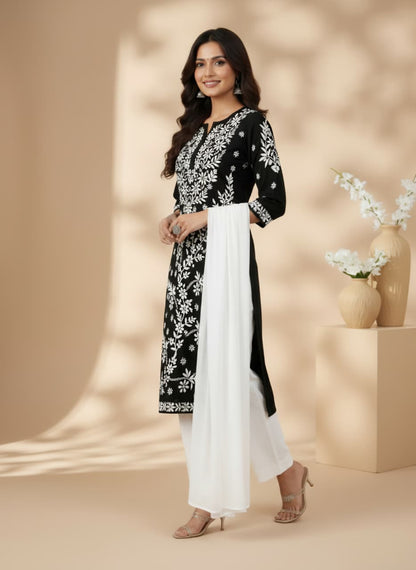 Lucknowi Chikankari Kurti for Women | Black Cotton Hand-Embroidered Floral Long Kurti