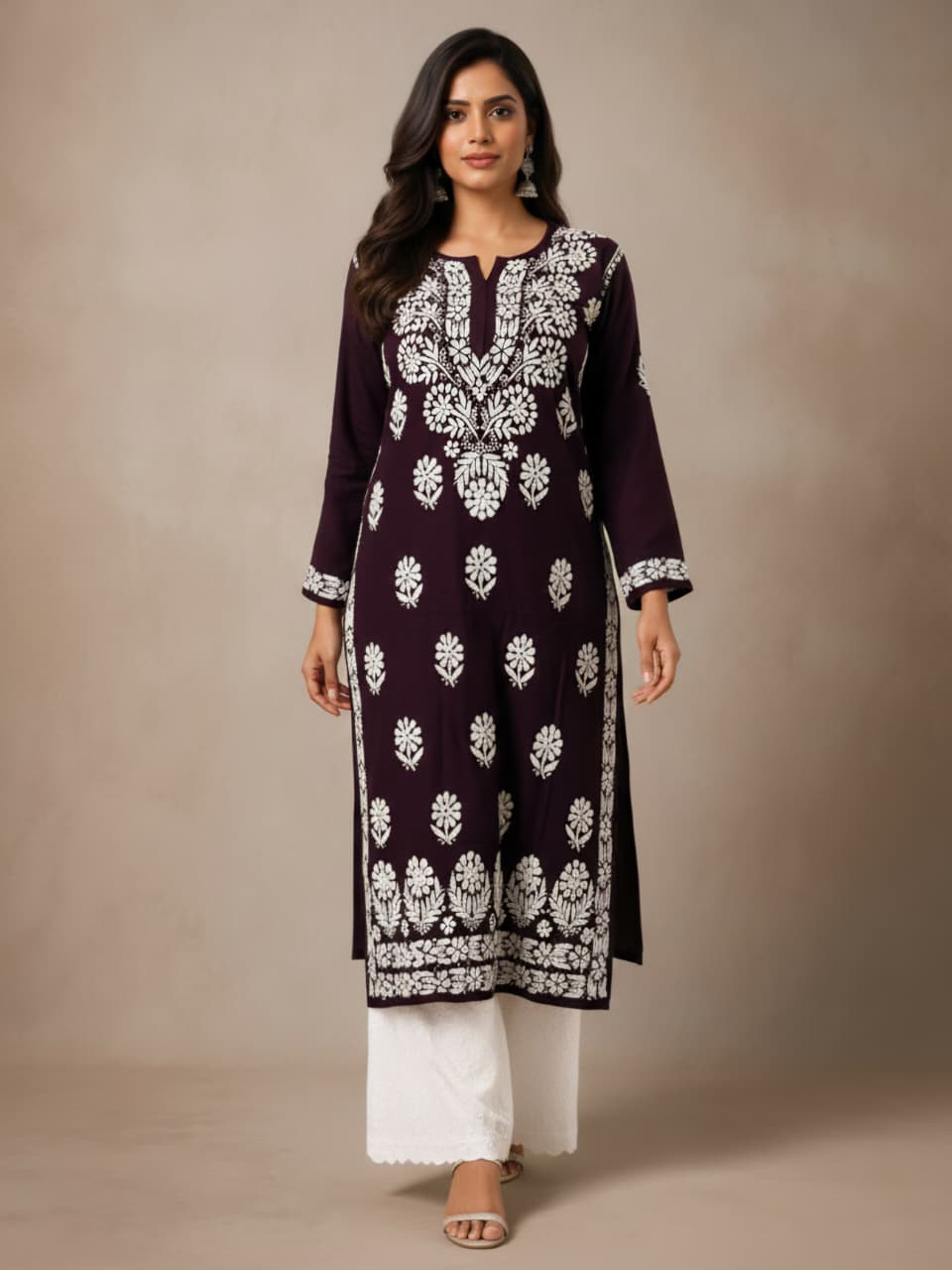 Lucknowi Chikankari Kurti for Women | Dark Brown Cotton Hand-Embroidered Floral Long Kurti