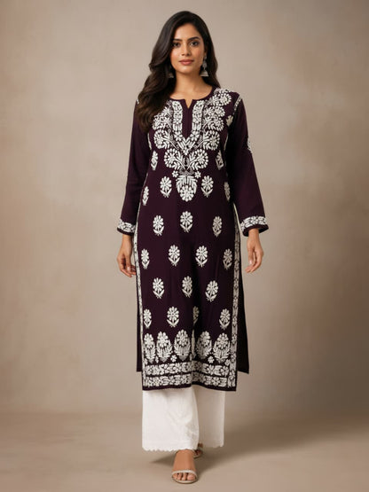Lucknowi Chikankari Kurti for Women | Dark Brown Cotton Hand-Embroidered Floral Long Kurti
