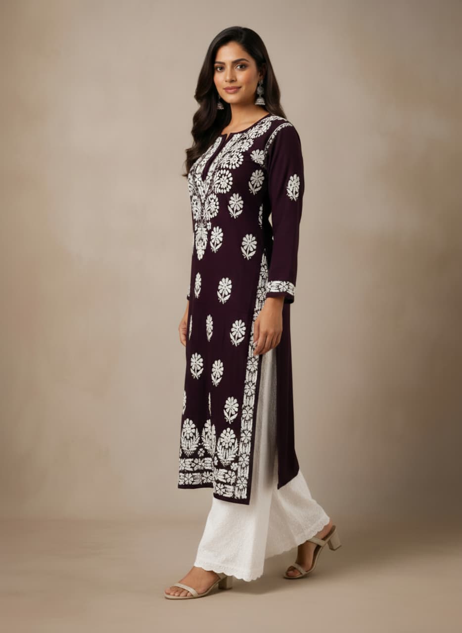 Lucknowi Chikankari Kurti for Women | Brown Cotton Hand-Embroidered Floral Long Kurti