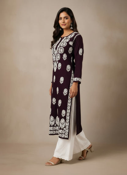 Lucknowi Chikankari Kurti for Women | Brown Cotton Hand-Embroidered Floral Long Kurti