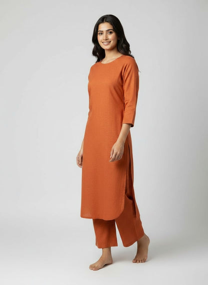 Rust Orange Linen Co-ord Set for Women | Straight Kurta & Wide-Leg Pants