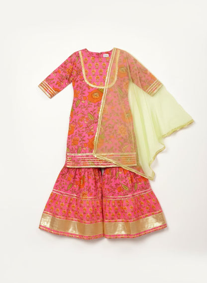 Girls Pink Floral Printed Lehenga Choli with Dupatta | Festive Ethnic Wear