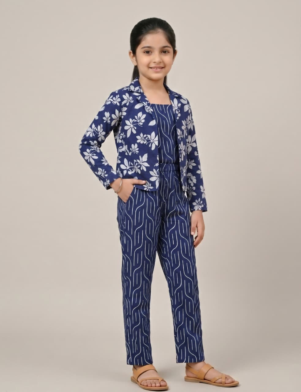 Girls 3-Piece Printed Co-Ord Set with Jacket | Premium Cotton Top, Pant & Jacket Set | Navy Blue