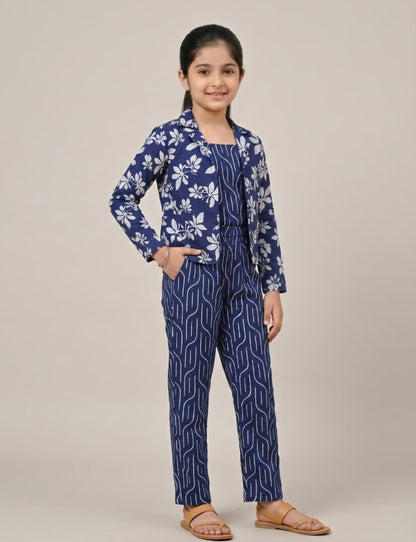 Girls 3-Piece Printed Co-Ord Set with Jacket | Premium Cotton Top, Pant & Jacket Set | Navy Blue