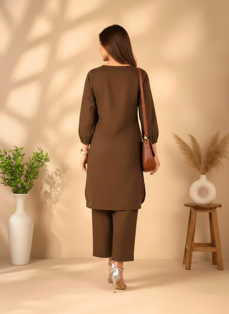 Mocha Brown Linen Co-ord Set for Women | V-Neck Kurta & Straight Pants