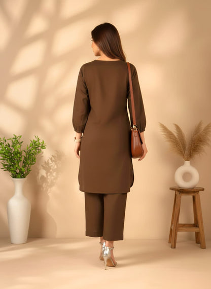 Mocha Brown Linen Co-ord Set for Women | V-Neck Kurta & Straight Pants