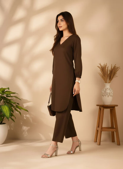 Mocha Brown Linen Co-ord Set for Women | V-Neck Kurta & Straight Pants