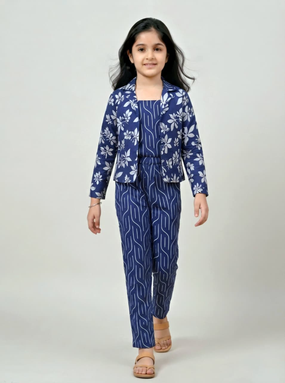 Girls 3-Piece Printed Co-Ord Set with Jacket | Premium Cotton Top, Pant & Jacket Set | Navy Blue