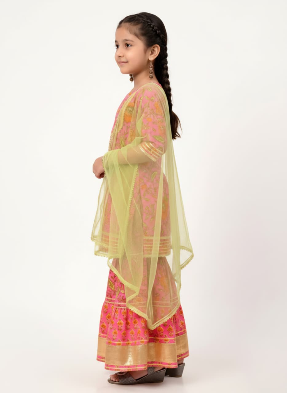 Girls Pink Floral Printed Lehenga Choli with Dupatta | Festive Ethnic Wear