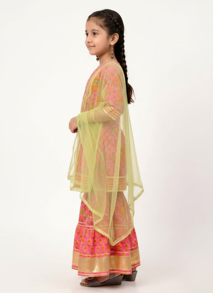 Girls Pink Floral Printed Lehenga Choli with Dupatta | Festive Ethnic Wear