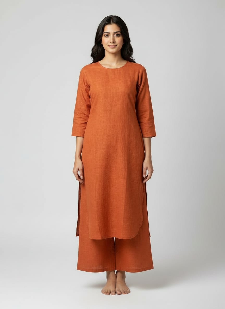 Rust Orange Linen Co-ord Set for Women | Straight Kurta & Wide-Leg Pants