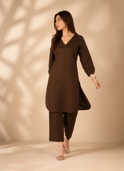 Mocha Brown Linen Co-ord Set for Women | V-Neck Kurta & Straight Pants