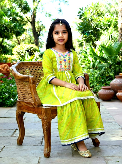 Lime Green Kurta & Sharara Set for Girls | Rivaa Elegance