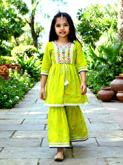 Lime Green Kurta & Sharara Set for Girls | Rivaa Elegance