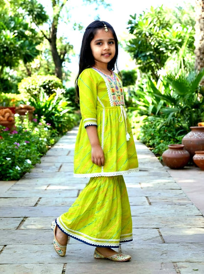 Lime Green Kurta & Sharara Set for Girls | Rivaa Elegance