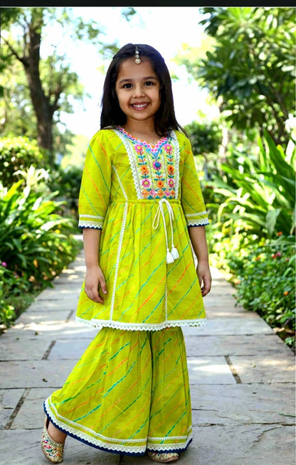 Lime Green Kurta & Sharara Set for Girls | Rivaa Elegance