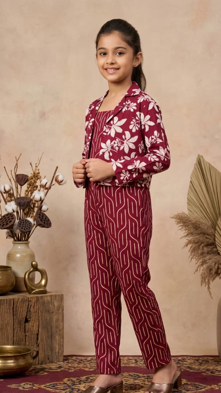 Girls 3-Piece Printed Co-Ord Set with Jacket | Premium Cotton Top, Pant & Jacket Set | Maroon (Copy)