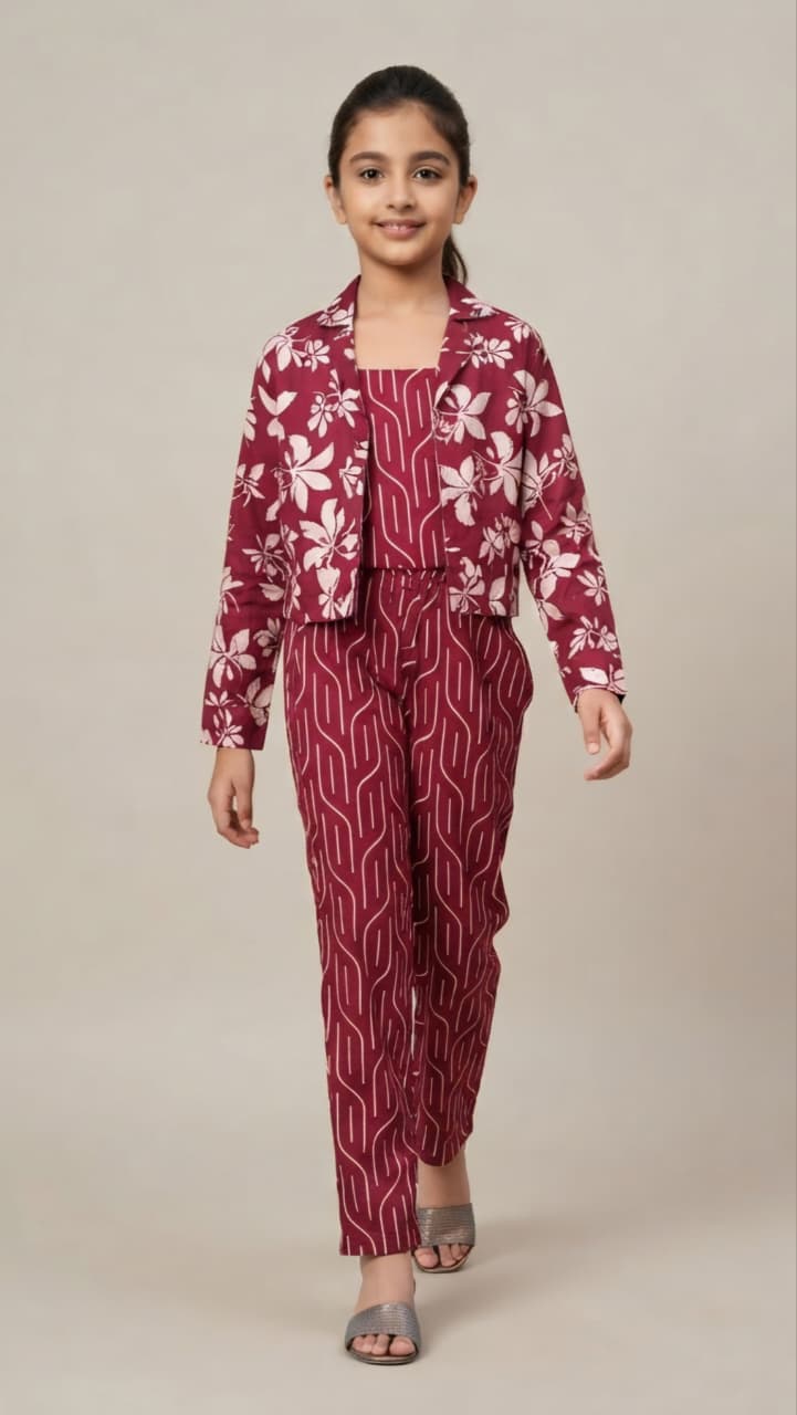 Girls 3-Piece Printed Co-Ord Set with Jacket | Premium Cotton Top, Pant & Jacket Set | Maroon (Copy)