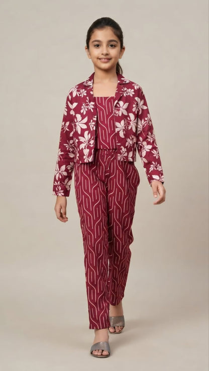 Girls 3-Piece Printed Co-Ord Set with Jacket | Premium Cotton Top, Pant & Jacket Set | Maroon (Copy)