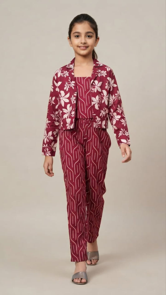 Girls 3-Piece Printed Co-Ord Set with Jacket | Premium Cotton Top, Pant & Jacket Set | Maroon (Copy)