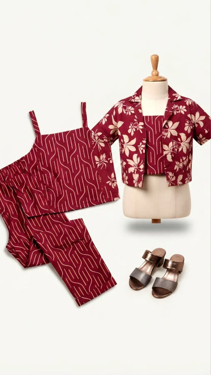 Girls 3-Piece Printed Co-Ord Set with Jacket | Premium Cotton Top, Pant & Jacket Set | Maroon (Copy)