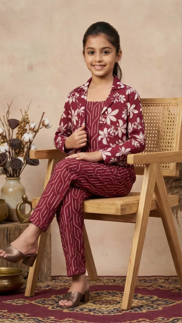 Girls 3-Piece Printed Co-Ord Set with Jacket | Premium Cotton Top, Pant & Jacket Set | Maroon (Copy)