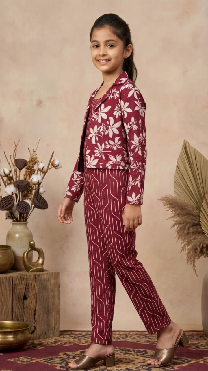 Girls 3-Piece Printed Co-Ord Set with Jacket | Premium Cotton Top, Pant & Jacket Set | Maroon (Copy)