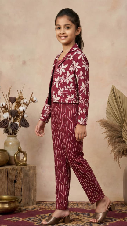 Girls 3-Piece Printed Co-Ord Set with Jacket | Premium Cotton Top, Pant & Jacket Set | Maroon (Copy)