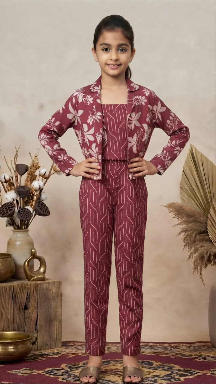 Girls 3-Piece Printed Co-Ord Set with Jacket | Premium Cotton Top, Pant & Jacket Set | Maroon (Copy)
