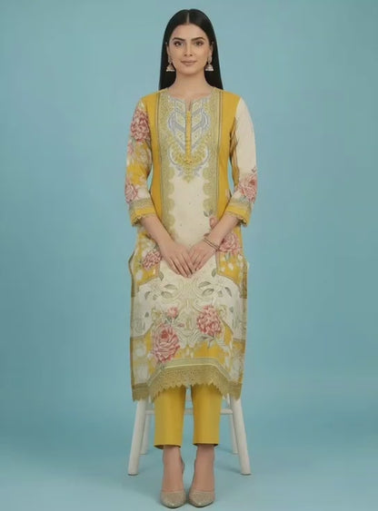 Elegant Floral Mustard & Cream Three-Piece Pakistani Lawn Cotton Suit